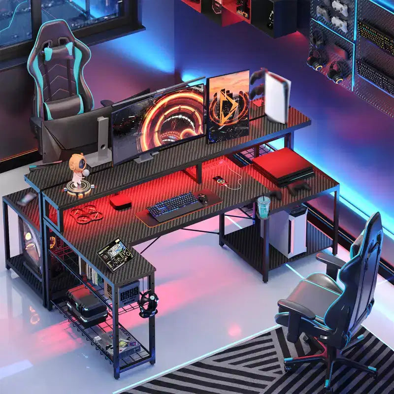 Bestier 71,5 LED Bureau Gaming avec Prise de Courant, Bureau d'Angle en Forme de L avec Support Moniteur