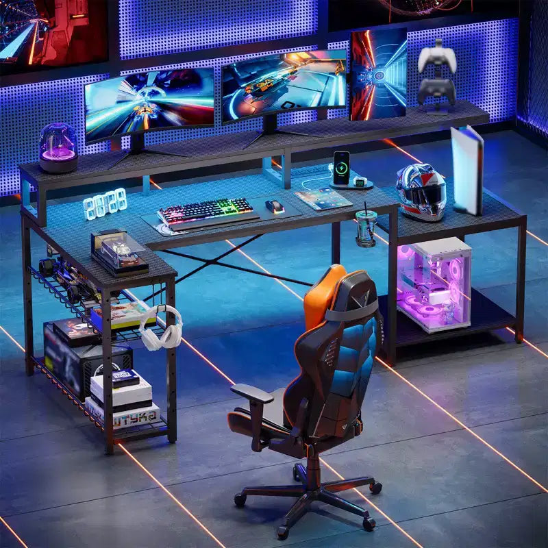 Bestier 71,5 LED Bureau Gaming avec Prise de Courant, Bureau d'Angle en Forme de L avec Support Moniteur