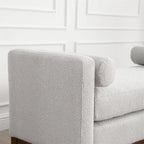 Banc rembourré élégant, pouf avec pieds en bois et coussins cylindriques