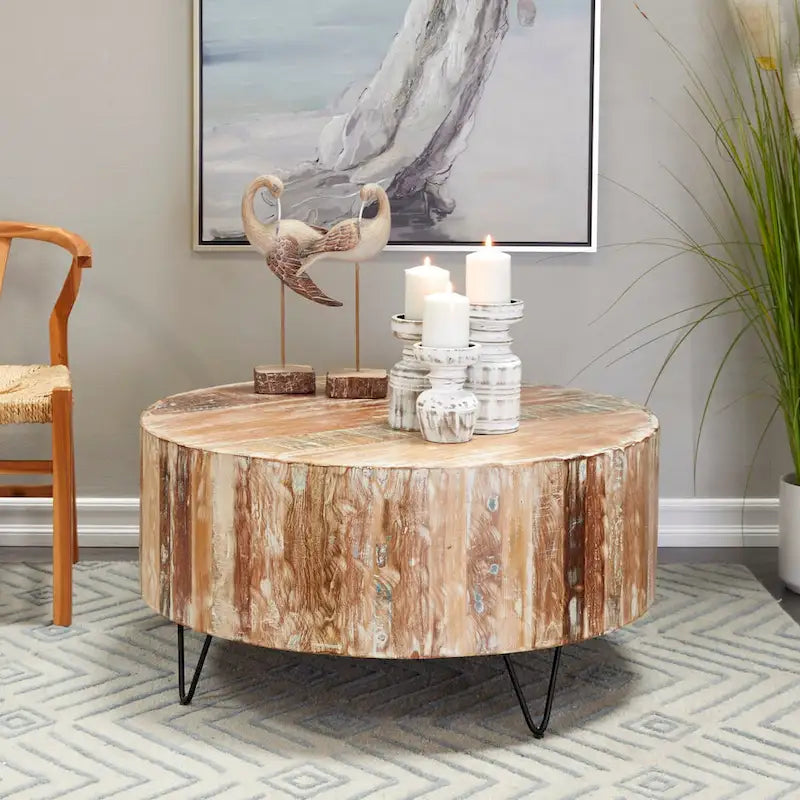 Table basse ou table d'appoint en manguier vieilli, fabriquée à la main, avec pieds épingles en métal noir - Marron