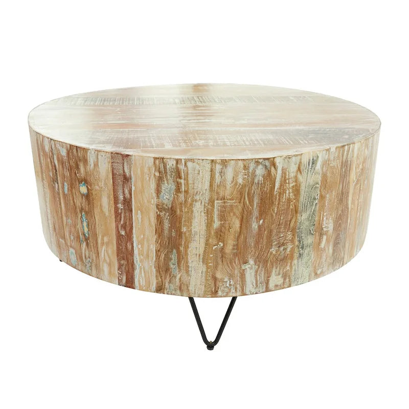 Table basse ou table d'appoint en manguier vieilli, fabriquée à la main, avec pieds épingles en métal noir - Marron