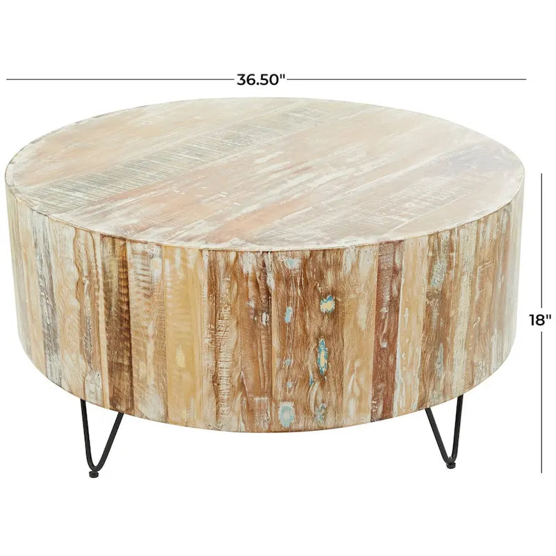 Table basse ou table d'appoint en manguier vieilli, fabriquée à la main, avec pieds épingles en métal noir - Marron