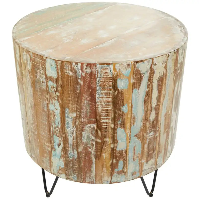 Table basse ou table d'appoint en manguier vieilli, fabriquée à la main, avec pieds épingles en métal noir - Marron