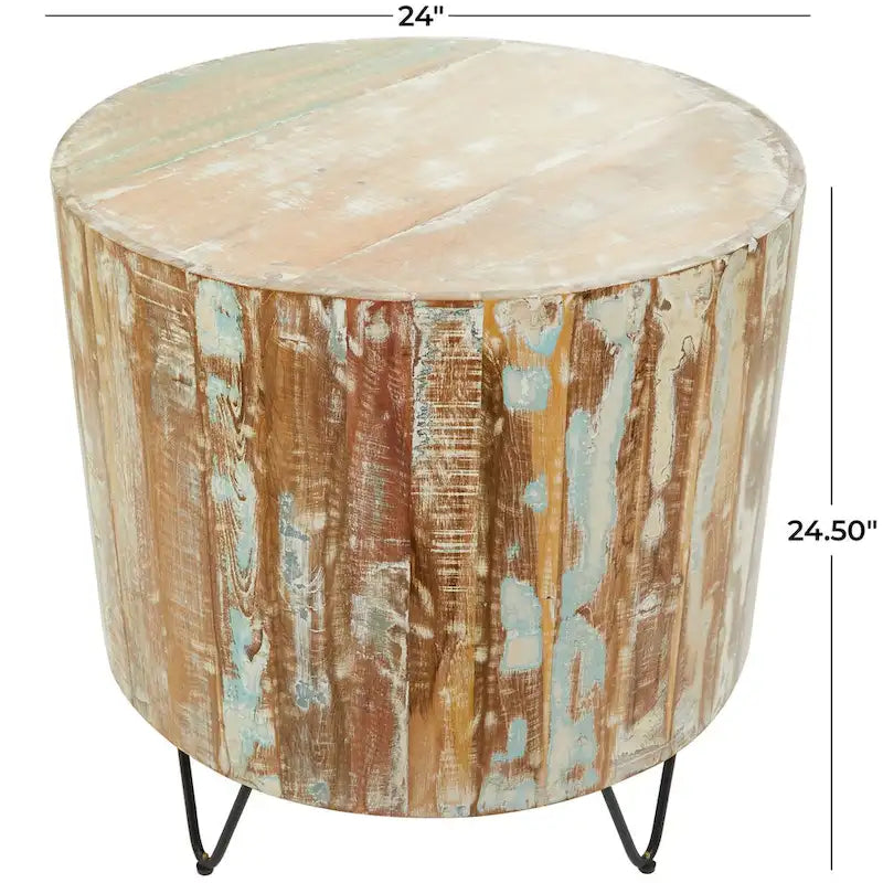 Table basse ou table d'appoint en manguier vieilli, fabriquée à la main, avec pieds épingles en métal noir - Marron