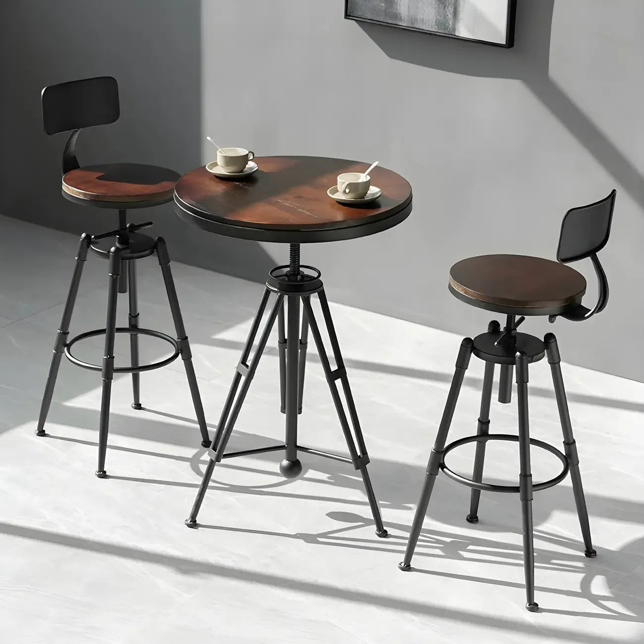 Tables de bar réglables en bois et métal brun de style industriel