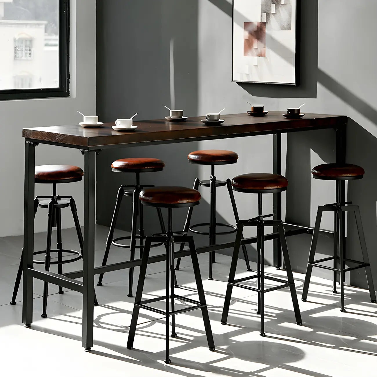 Tables de bar réglables en bois et métal brun de style industriel