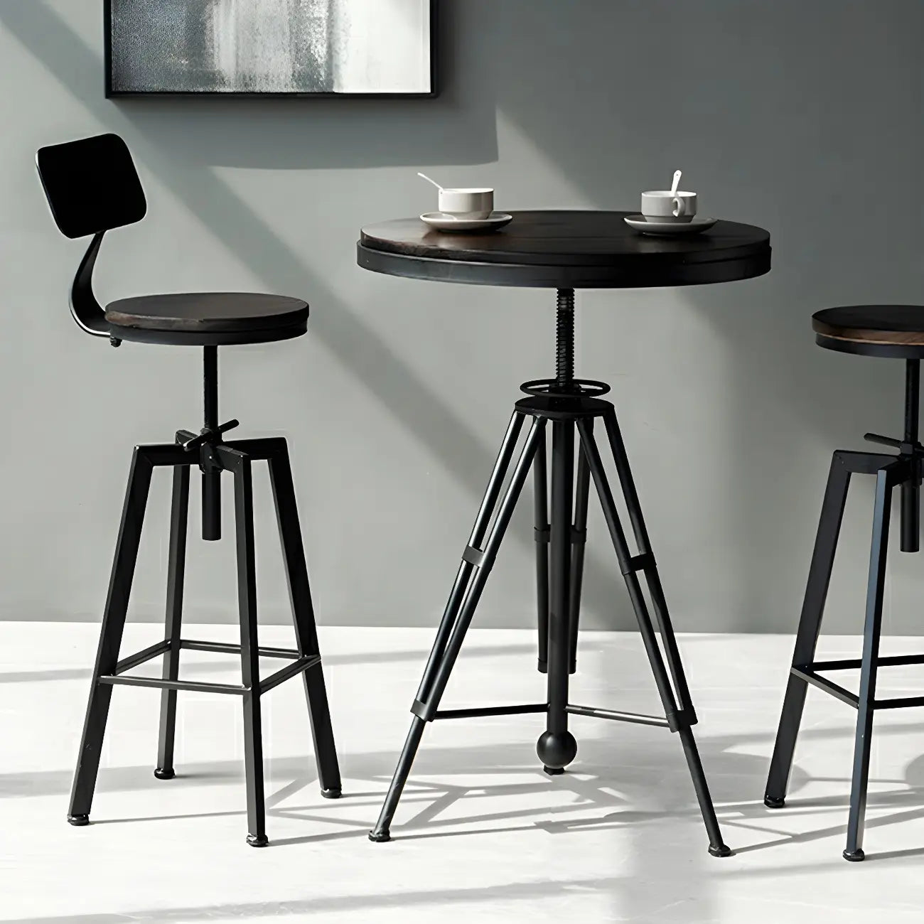 Tables de bar réglables en bois et métal brun de style industriel