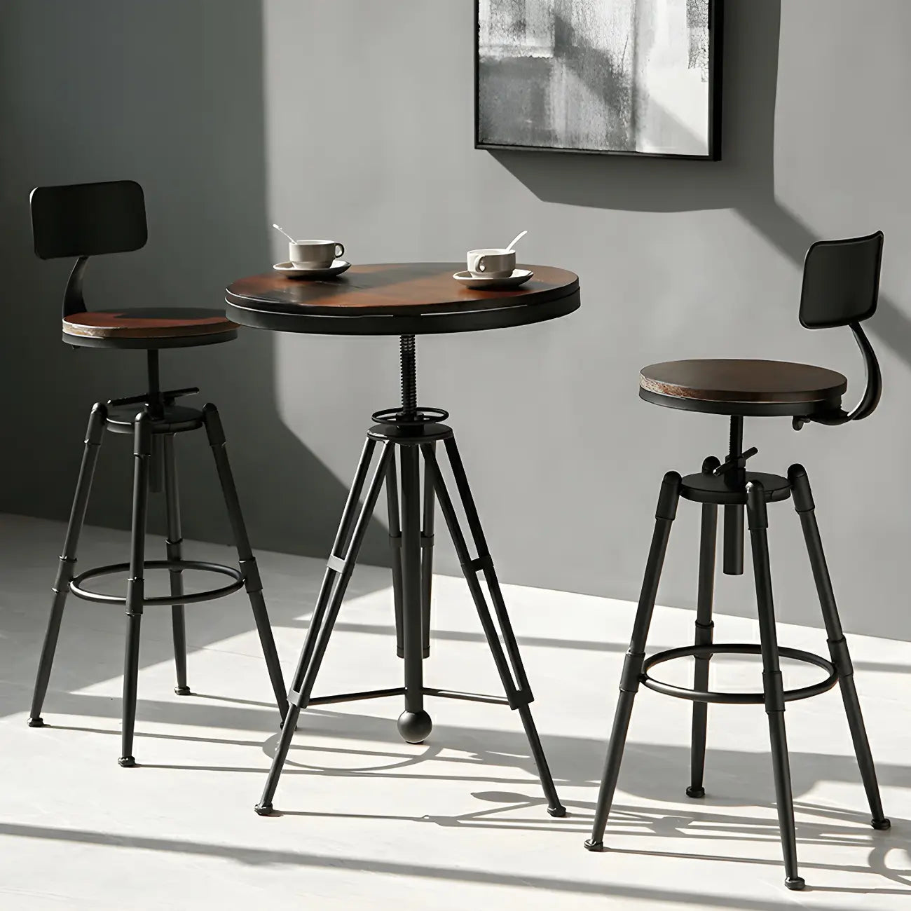 Tables de bar réglables en bois et métal brun de style industriel