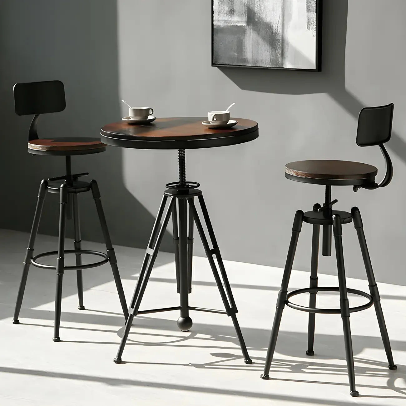 Tables de bar réglables en bois et métal brun de style industriel