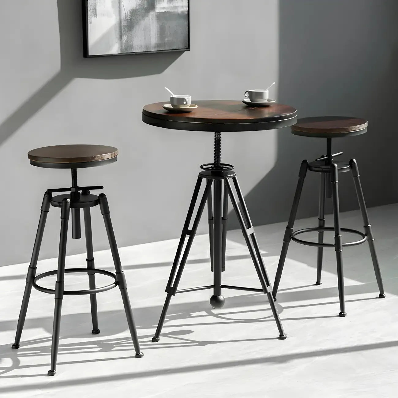 Tables de bar réglables en bois et métal brun de style industriel