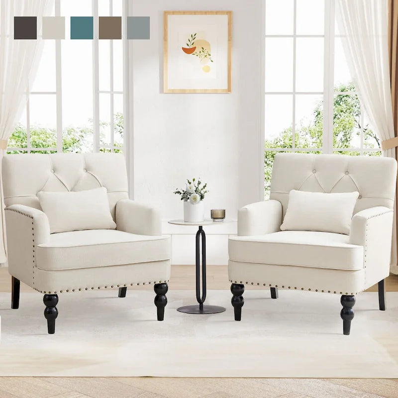 Lot de 2 fauteuils rembourrés avec boutons touffetés et oreiller lombaire beige/gris/bleu clair