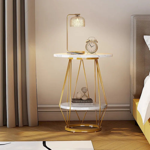 Table d'appoint ronde à 2 niveaux avec plateau en faux marbre pour salon