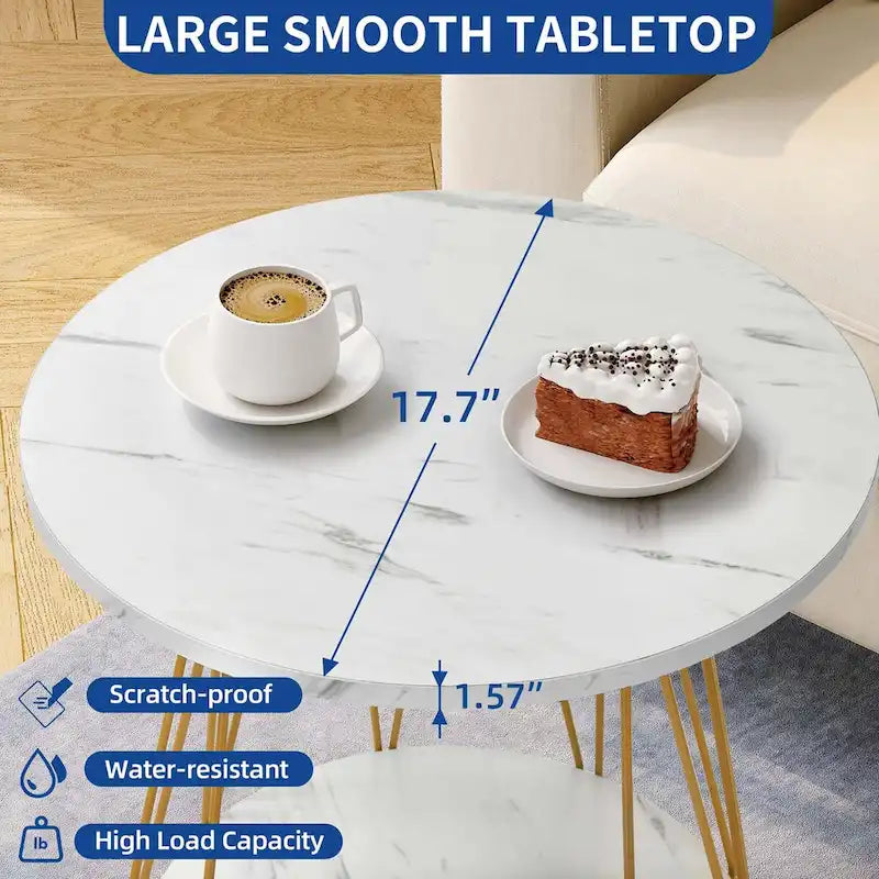 Table d'appoint ronde à 2 niveaux avec plateau en faux marbre pour salon
