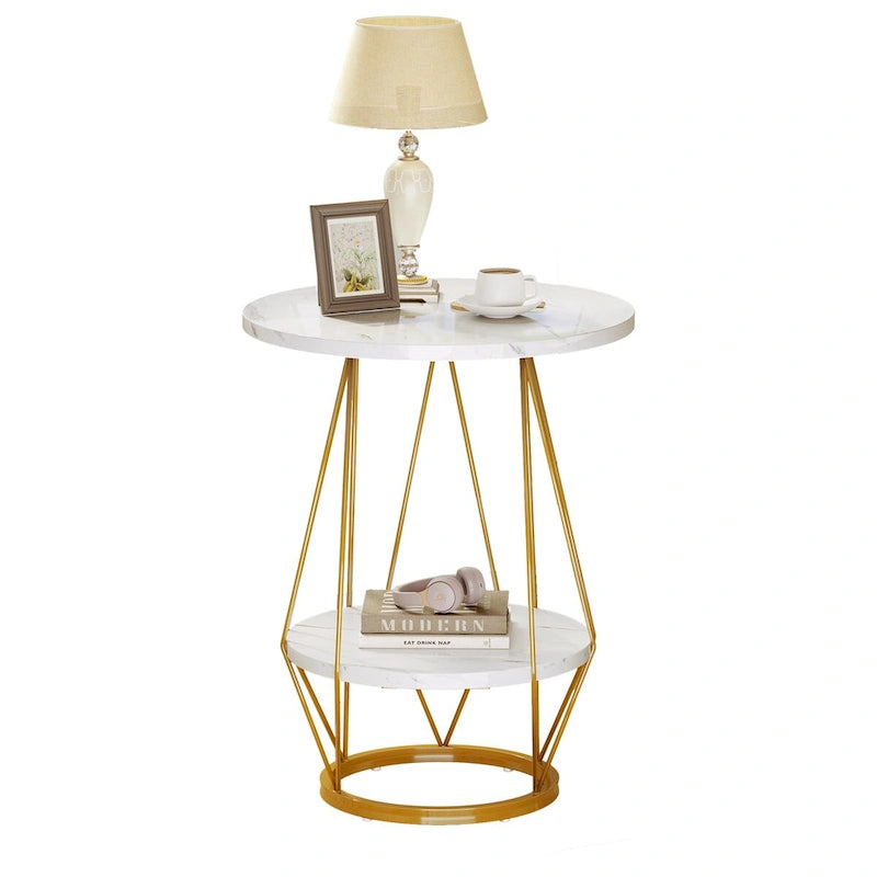 Table d'appoint ronde à 2 niveaux avec plateau en faux marbre pour salon