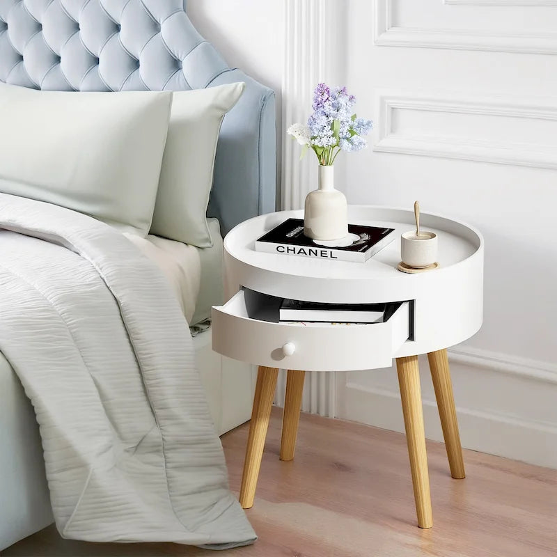 Table basse moderne avec tiroir, table de chevet, table d'appoint de canapé, pieds de table en chêne, convient pour le salon et la chambre à coucher