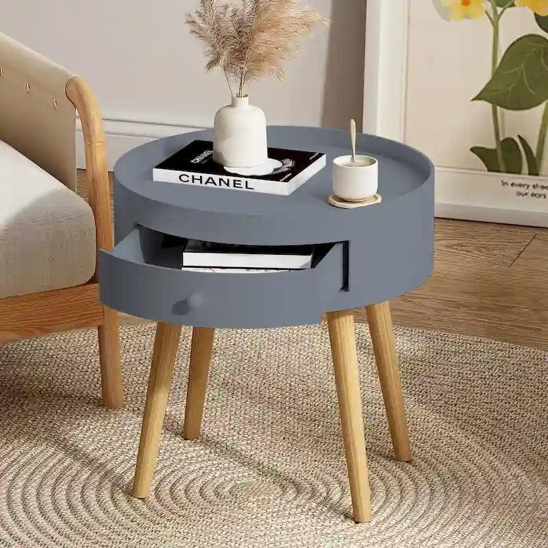 Table basse moderne avec tiroir, table de chevet, table d'appoint de canapé, pieds de table en chêne, convient pour le salon et la chambre à coucher