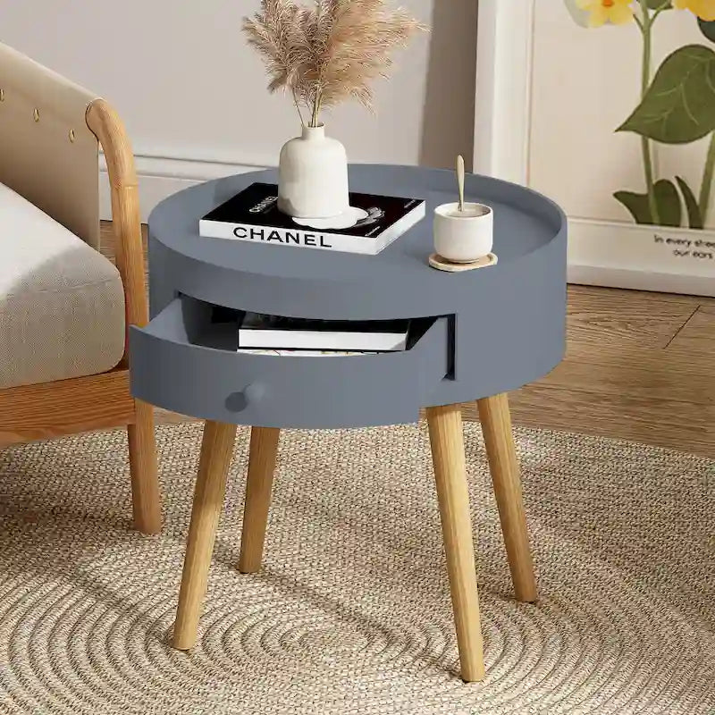 Table basse moderne avec tiroir, table de chevet, table d'appoint de canapé, pieds de table en chêne, convient pour le salon et la chambre à coucher