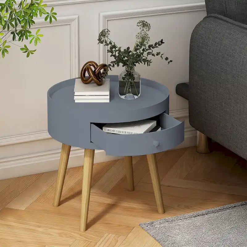 Table basse moderne avec tiroir, table de chevet, table d'appoint de canapé, pieds de table en chêne, convient pour le salon et la chambre à coucher