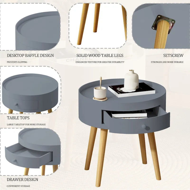Table basse moderne avec tiroir, table de chevet, table d'appoint de canapé, pieds de table en chêne, convient pour le salon et la chambre à coucher
