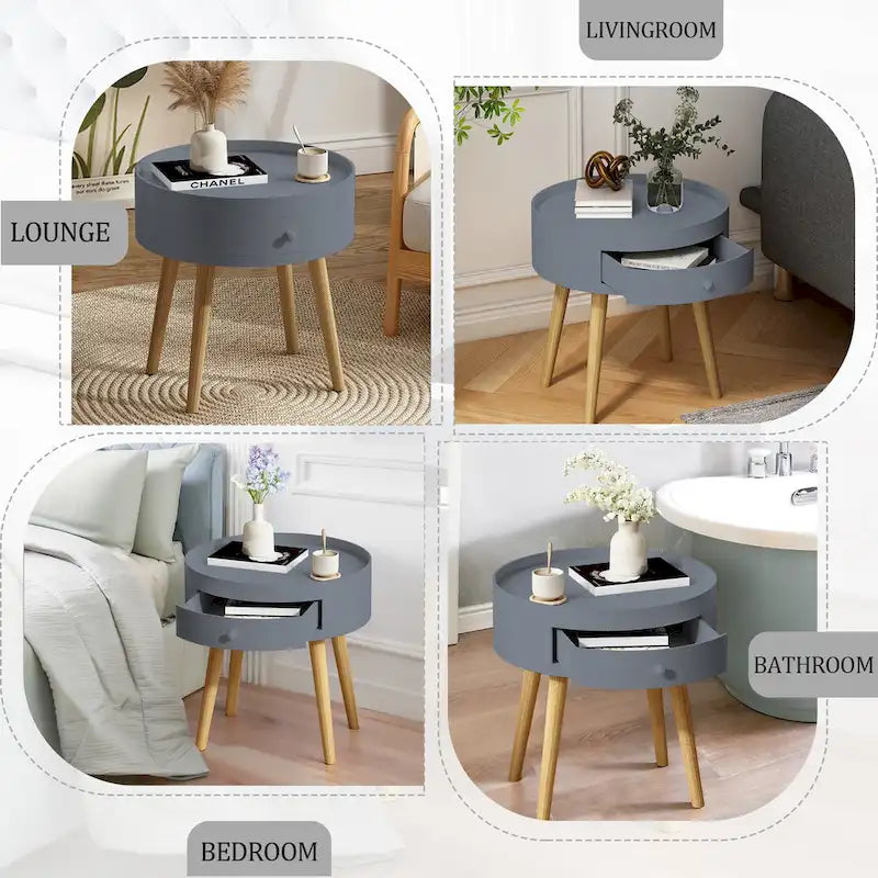 Table basse moderne avec tiroir, table de chevet, table d'appoint de canapé, pieds de table en chêne, convient pour le salon et la chambre à coucher