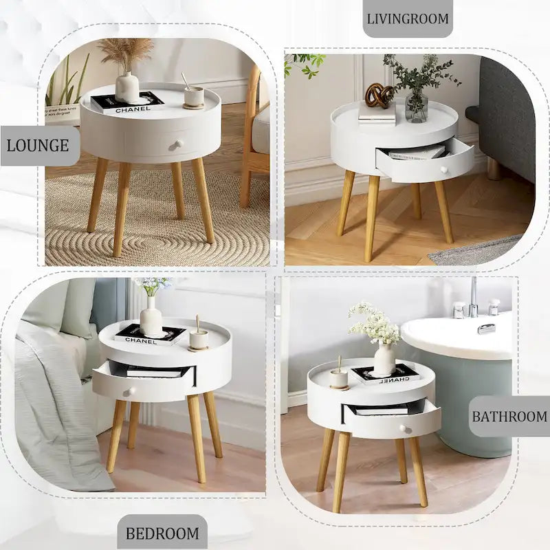 Table basse moderne avec tiroir, table de chevet, table d'appoint de canapé, pieds de table en chêne, convient pour le salon et la chambre à coucher