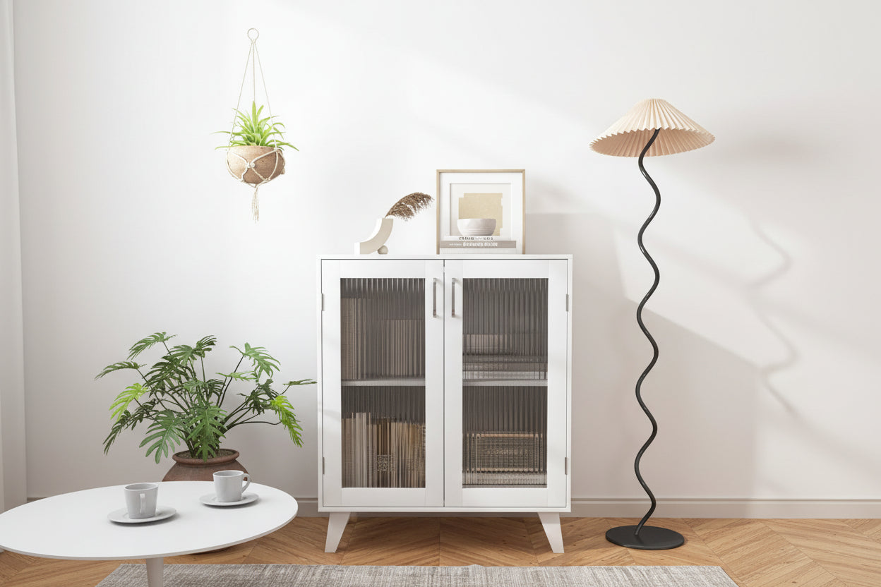 Modern Storage Cabinet with 2 Glass Doors and Adjustable Shelf