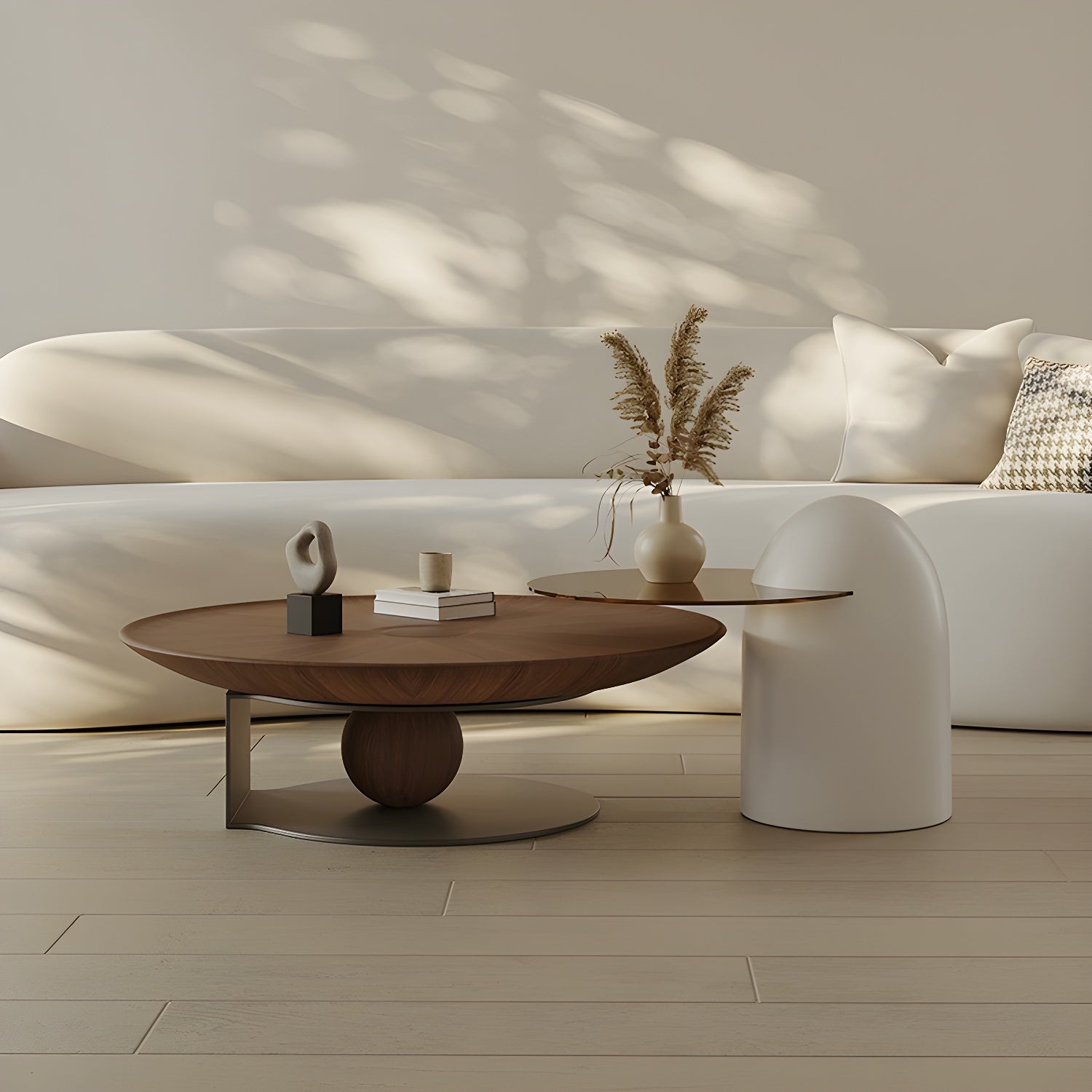 Table basse ronde en bois avec piètement en métal marron