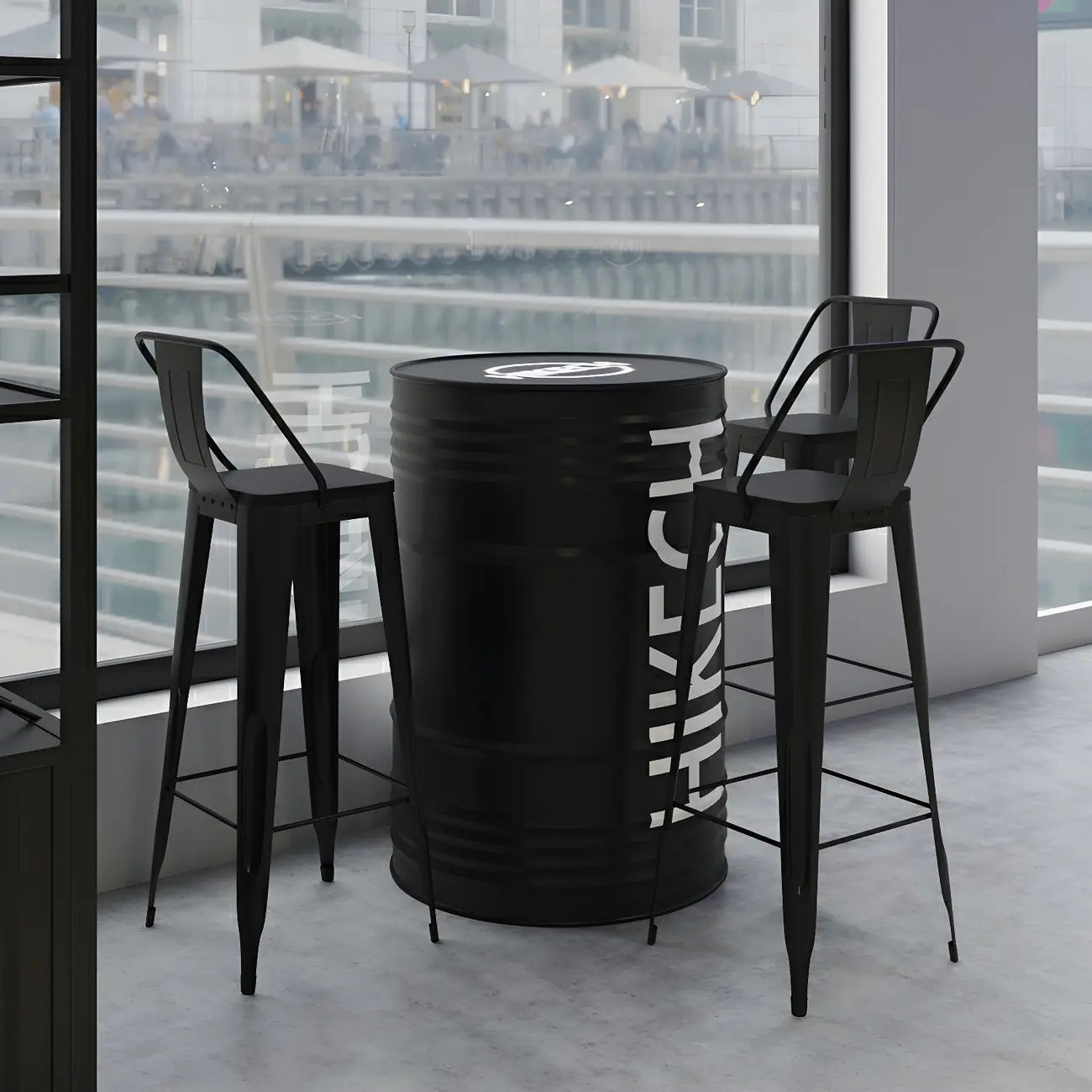 Tables de bar industrielles en métal noir pour fûts