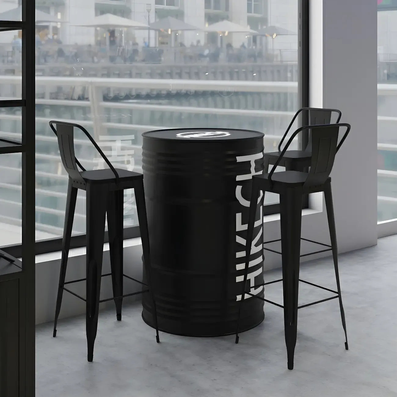 Tables de bar industrielles en métal noir pour fûts