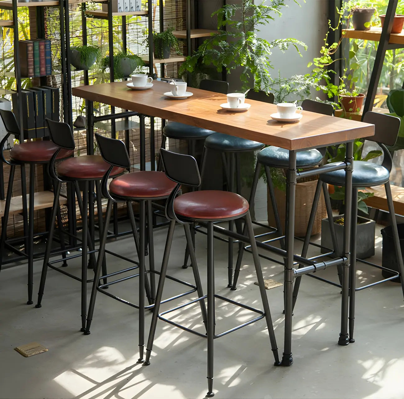 Tables de bar industrielles en bois brun, métal noir et tuyaux d'eau