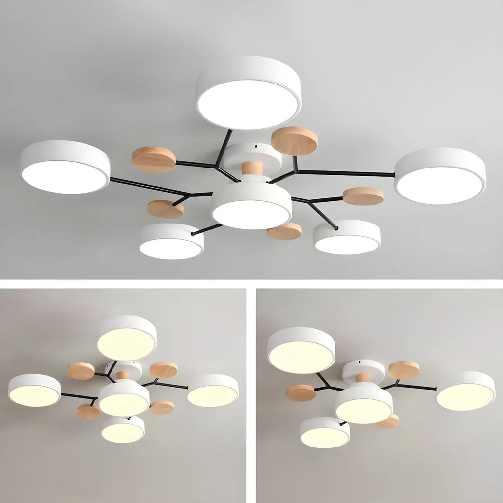 Grand plafonnier semi-encastré rond en métal gris, 7 lumières