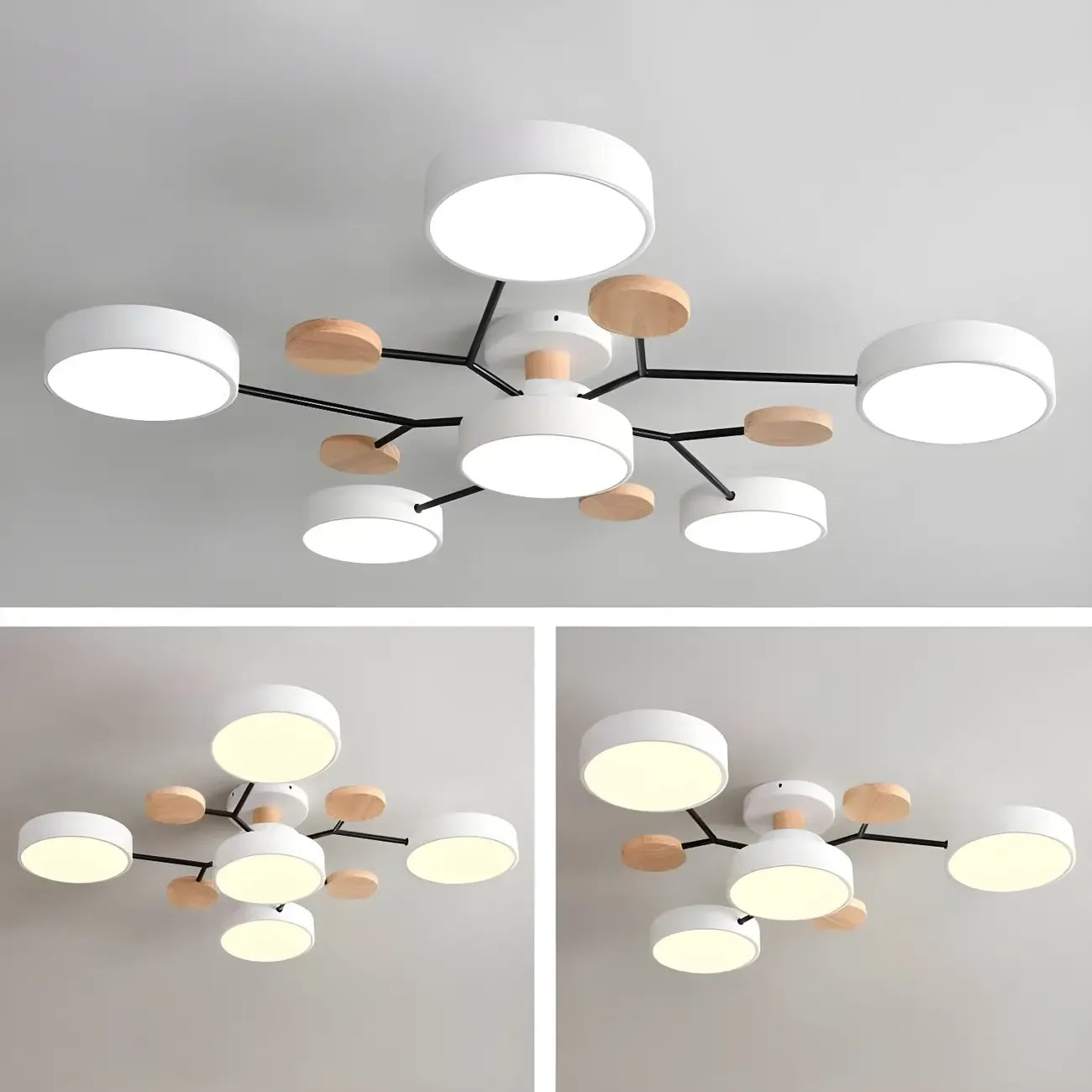 Grand plafonnier semi-encastré rond en métal gris, 7 lumières