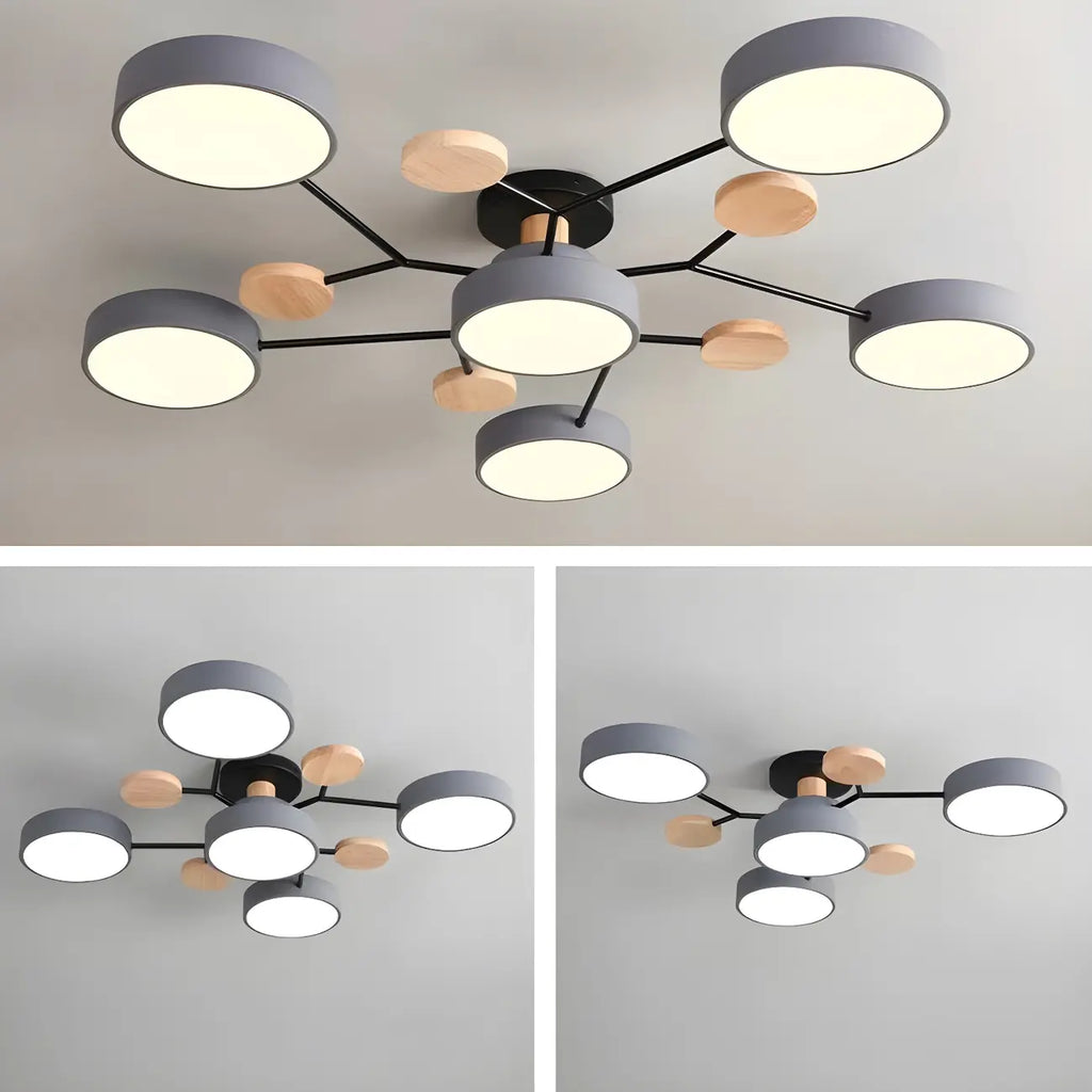 Grand plafonnier semi-encastré rond en métal gris, 7 lumières