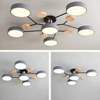 Grand plafonnier semi-encastré rond en métal gris, 7 lumières