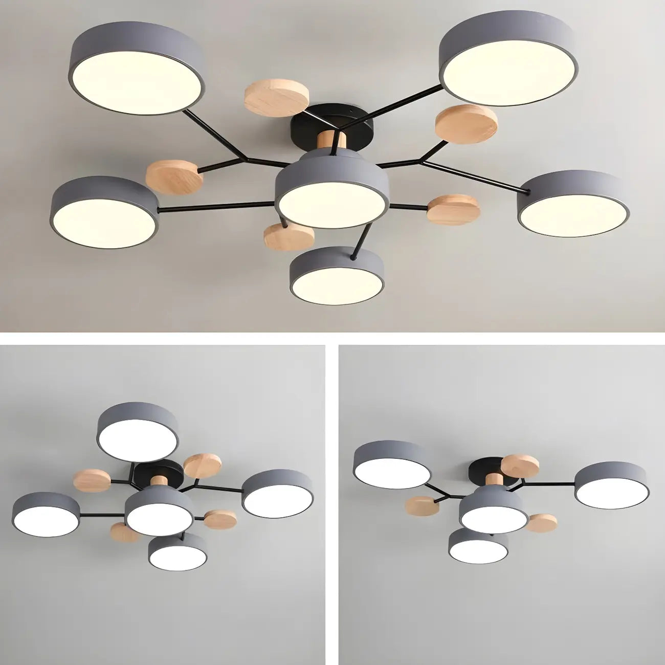 Grand plafonnier semi-encastré rond en métal gris, 7 lumières