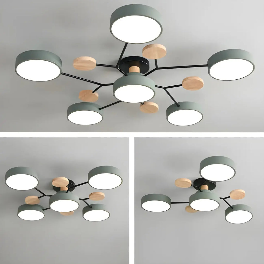 Grand plafonnier semi-encastré rond en métal gris, 7 lumières