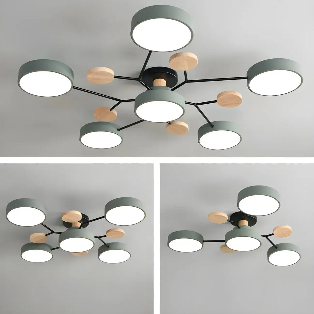 Grand plafonnier semi-encastré rond en métal gris, 7 lumières