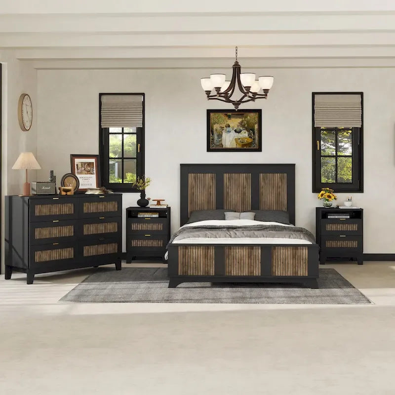 Ensemble de chambre à coucher 4 pièces : lit plateforme de style campagnard, table de chevet et commode avec poignées en métal