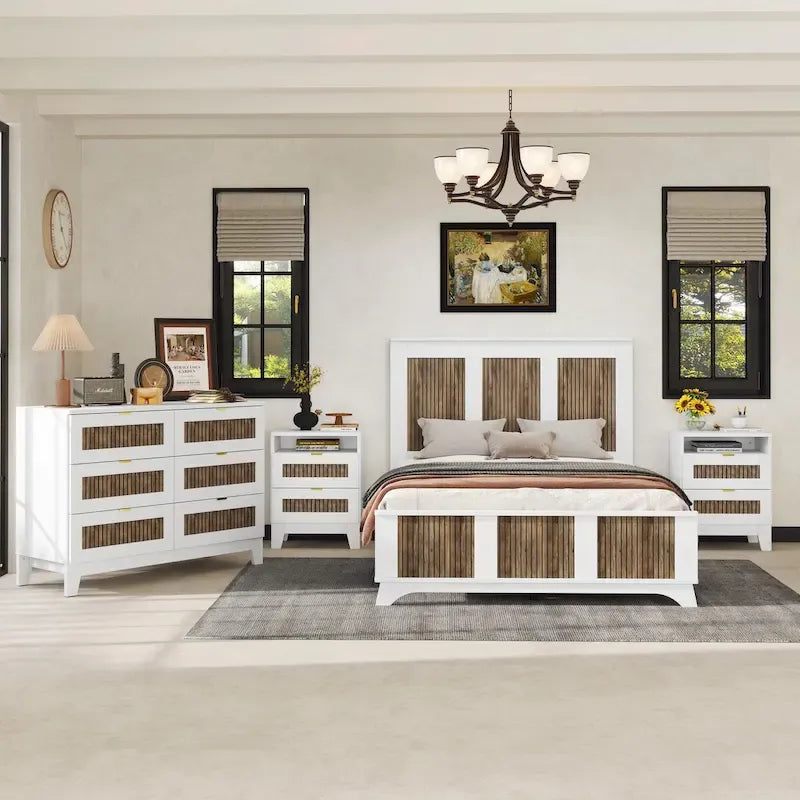 Set camera da letto 4 pezzi: Letto a piattaforma stile rustico, comodino e cassettiera con maniglie in metallo
