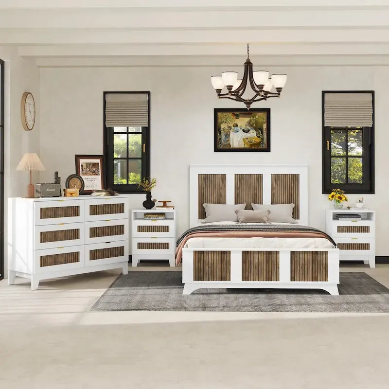 Ensemble de chambre à coucher 4 pièces : lit plateforme de style campagnard, table de chevet et commode avec poignées en métal