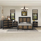 Ensemble de chambre à coucher 4 pièces : lit plateforme de style campagnard, table de chevet et commode avec poignées en métal