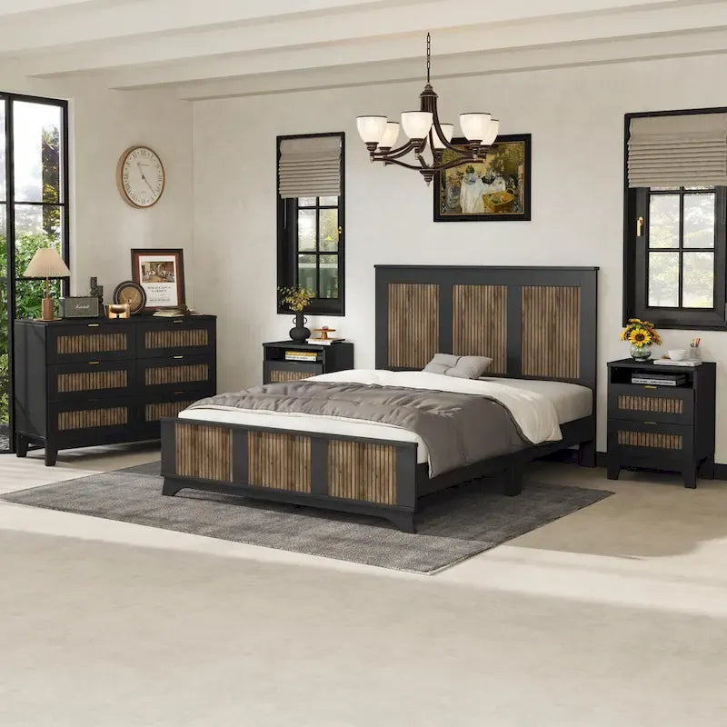 Ensemble de chambre à coucher 4 pièces : lit plateforme de style campagnard, table de chevet et commode avec poignées en métal