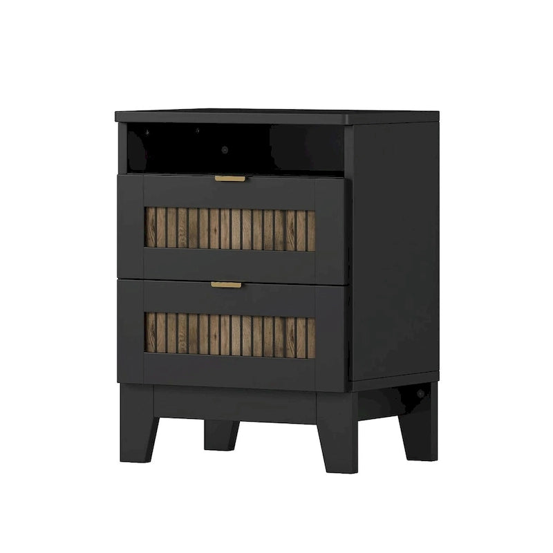 Ensemble de chambre à coucher 4 pièces : lit plateforme de style campagnard, table de chevet et commode avec poignées en métal