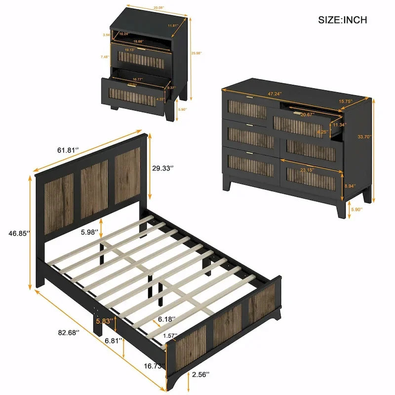 Ensemble de chambre à coucher 4 pièces : lit plateforme de style campagnard, table de chevet et commode avec poignées en métal