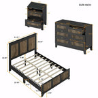 Ensemble de chambre à coucher 4 pièces : lit plateforme de style campagnard, table de chevet et commode avec poignées en métal