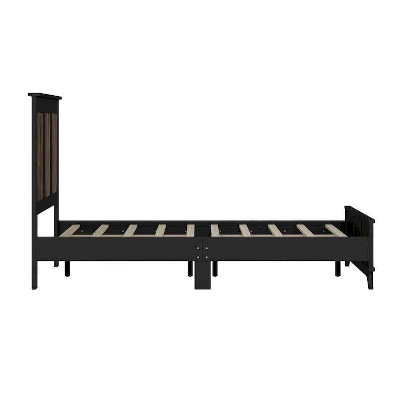 Ensemble de chambre à coucher 4 pièces : lit plateforme de style campagnard, table de chevet et commode avec poignées en métal