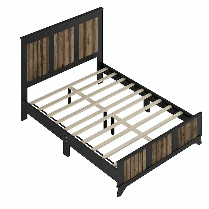 Ensemble de chambre à coucher 4 pièces : lit plateforme de style campagnard, table de chevet et commode avec poignées en métal