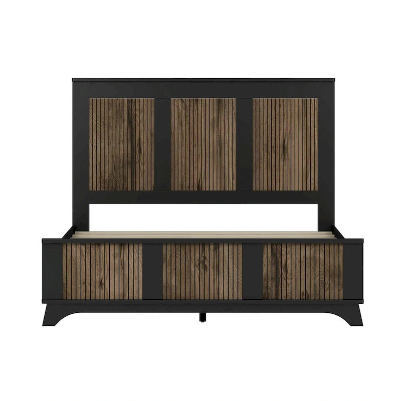 Ensemble de chambre à coucher 4 pièces : lit plateforme de style campagnard, table de chevet et commode avec poignées en métal
