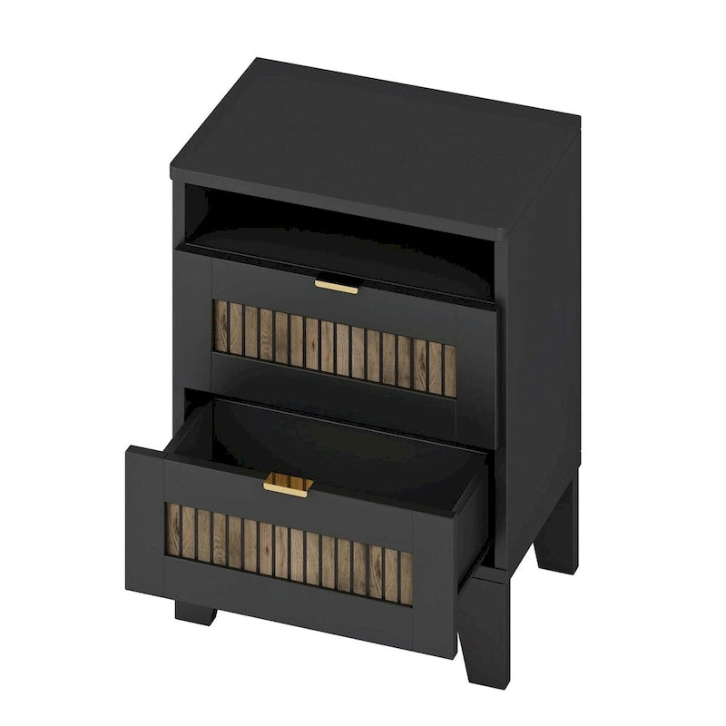 Ensemble de chambre à coucher 4 pièces : lit plateforme de style campagnard, table de chevet et commode avec poignées en métal