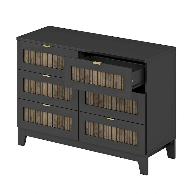 Ensemble de chambre à coucher 4 pièces : lit plateforme de style campagnard, table de chevet et commode avec poignées en métal